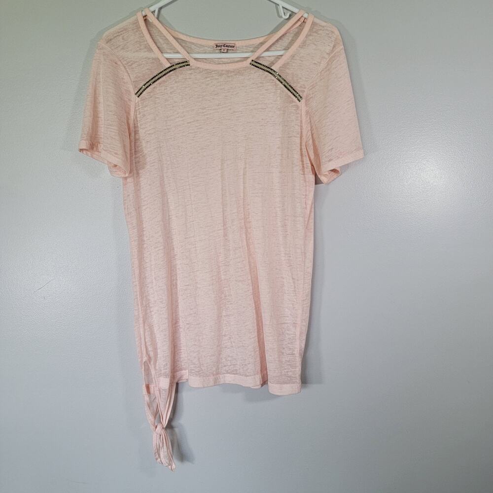 Juicy Couture Boho Pastel Pink Shirt Womens S Lightweight Bling Rhinestones Tie
